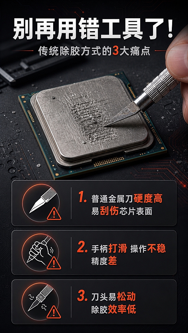 [商品] 本页为痛点页，无需产品主图，仅用【图2】中普通金属刀刮坏芯片的示意概念做参考，不直接展示本款产品全貌。
[画面] 目标为痛点直击，左侧展示传统除胶方式的问题场景，右侧为痛点文字清单，上下分栏布局，上半部分为被刮花损坏的CPU芯片特写，下半部分为3个痛点条目配图标，背景为深灰色维修工作台，营造困扰氛围。
[视觉] 套系策略：风格=深色科技工业风商业摄影；标题字=粗黑无衬线黑体；正文字=简洁无衬线中黑体；主色=深灰黑+金属银；背景延展=基于深灰黑做渐变层次、电路板纹理暗纹、冷调科技光效；强调色=橙红色，仅用于小面积标签、图标、高亮文字；标题色=白色；正文色=浅灰色；组件=圆角深色信息卡、细线引线、科技感图标；光影=侧前冷硬光+局部橙红光效点缀。
[文字] 顶部大标题"别再用错工具了！"，副标题"传统除胶方式的3大痛点"，下方3个痛点：1. 普通金属刀硬度高 易刮伤芯片表面 2. 手柄打滑 操作不稳 精度差 3. 刀头易松动 除胶效率低，每个痛点配警示图标，痛点文字用浅灰色，关键词用橙红色高亮。
[规格] 图片比例9:16竖版，4K分辨率，避免变形、错字、文字过小、出现本款产品正面图、绝对化用语。