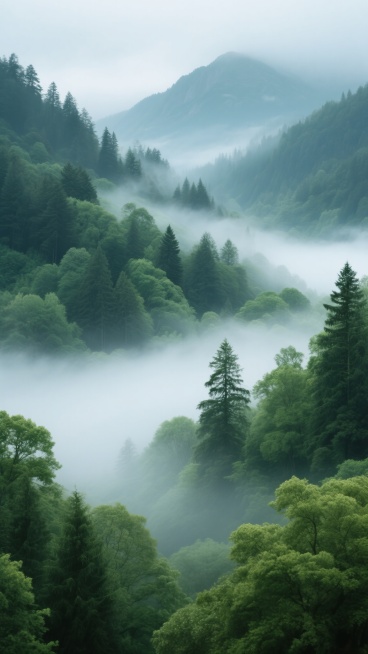 超写实摄影风格的森林景观，郁郁葱葱的多层次绿色植被，包括高大的松树和茂密的阔叶树，山间弥漫着轻薄的白色晨雾，雾气在树木间流动形成柔和的层次感，冷色调的绿色为主色系，光影柔和，光线从雾气中散射带来朦胧的氛围，远景的山峰在薄雾中若隐若现，整体画面宁静而神秘，展现出自然的深邃与幽静，高分辨率细节呈现树叶纹理和雾气的细腻质感。预览效果