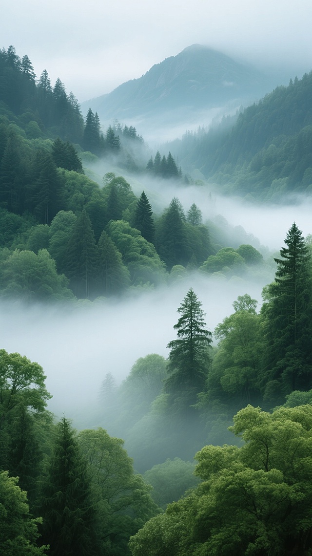超写实摄影风格的森林景观，郁郁葱葱的多层次绿色植被，包括高大的松树和茂密的阔叶树，山间弥漫着轻薄的白色晨雾，雾气在树木间流动形成柔和的层次感，冷色调的绿色为主色系，光影柔和，光线从雾气中散射带来朦胧的氛围，远景的山峰在薄雾中若隐若现，整体画面宁静而神秘，展现出自然的深邃与幽静，高分辨率细节呈现树叶纹理和雾气的细腻质感。