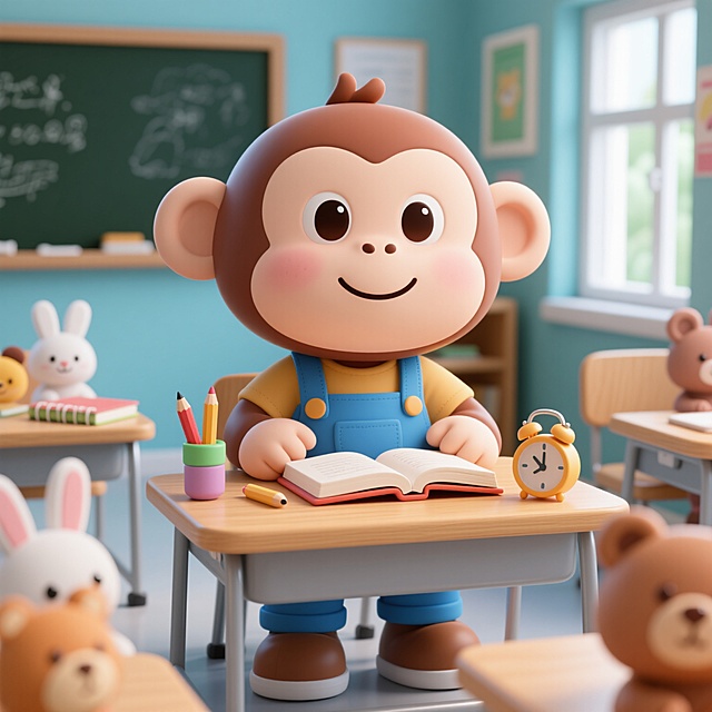 一只圆滚滚身体、大眼睛、微笑表情的卡通猴子，穿着蓝色背带裤，坐在课桌前，双手捧着翻开的课本，桌上有铅笔、笔记本和卡通闹钟，周围有小兔子、小熊等小动物同学，背景为明亮的教室环境，有黑板和窗户