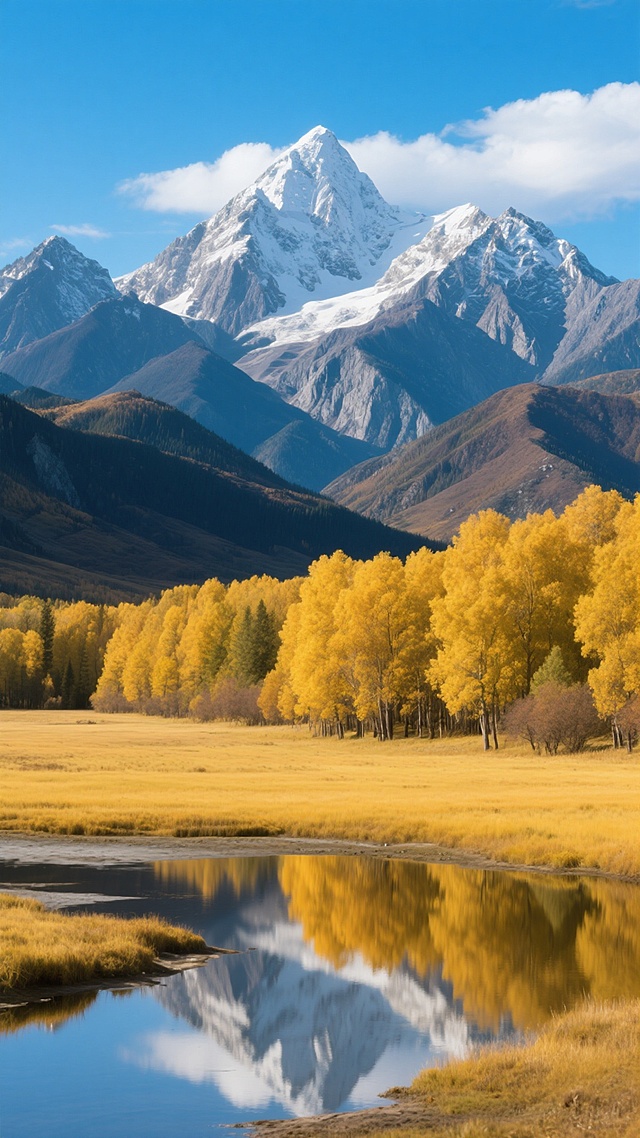 超高清写实风景摄影，以纯净的蓝天白云为背景，远景是巍峨耸立、峰顶覆盖着皑皑白雪的连绵山脉，山体呈现出深浅不一的青灰色岩石纹理；中景为层叠起伏的深褐色山峦，山脊线条锐利分明；近景是一片茂密的金黄色树林，树叶在明亮的阳光下闪耀着温暖的光泽，树林前方是开阔的黄色草地和一汪平静的浅滩水域，水面倒映着天空与树木的色彩，整体画面采用经典的三分法构图，光影对比强烈，色彩饱和度高，营造出壮阔、明朗而宁静的秋日自然风光氛围。