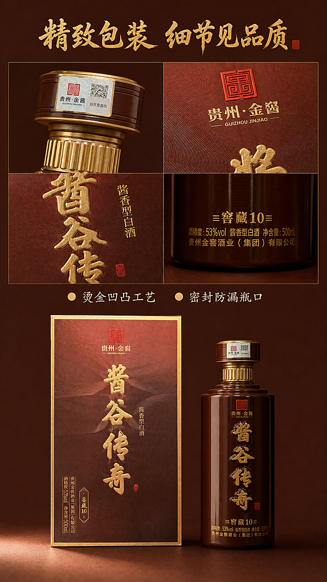 [第6屏] 包装细节页-酱谷传奇白酒包装工艺细节展示。
[氛围/风格] 精致品质感，微距特写商业摄影，凸显工艺细节，高级沉稳。
[元素布局] 页面分为上下两部分，上半部分为瓶盖和品牌标签微距特写，下半部分左侧为整体酒盒包装，右侧为酒瓶，本屏使用【图1】作为酒盒和酒瓶参考，保持产品包装整体结构、颜色、文字内容和【图1】完全一致。上半部分特写展示金色瓶盖纹理、烫金品牌logo凹凸工艺，下半部分展示盒型和整体造型，细节清晰可见。
[光影质感] 侧光打亮烫金纹理和凹凸工艺，形成自然阴影突出立体感，整体光线均匀清晰，细节质感表现充分。
[配色色系] 全局底色：#5c2e25（深酱酒棕）；主体包装保持红棕+烫金，文字延续#d4af37（金色标题）+ #f0ebe4（浅米文字），配色统一。
[视角构图] 上特写下整体，纵向排版，从上到下细节到整体，动线自然。
[文字版式] 顶部大标题「精致包装 细节见品质」，烫金色书法字体居中，字号占画面宽度5%。下方标注两个细节卖点：「烫金凹凸工艺」「密封防漏瓶口」，浅米色文字配金色圆点，排列整齐，不遮挡主体细节。字形：标题书法体，正文楷体；字色：仅金色和浅米2种；字效：统一烫金效果，延续首屏风格。
[比例分辨率] 9:16竖版比例，2K分辨率，文字清晰可辨，超高清。
[负向提示词] 包装变形，文字错乱，颜色偏差，工艺模糊，结构错误，水印，背景杂乱