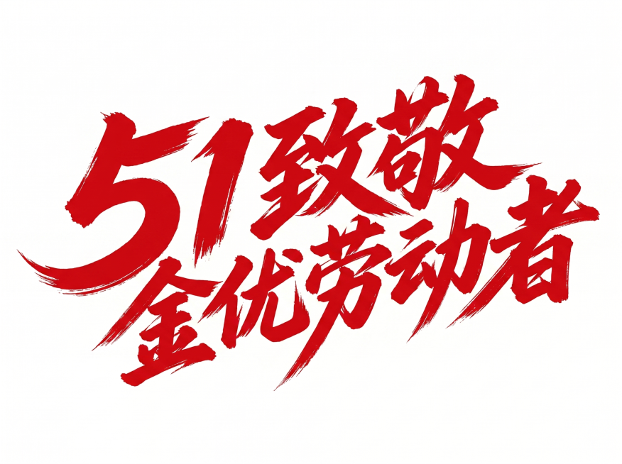 干净的纯白色背景。平面艺术字体设计，主体文字“51致敬金优劳动者”，字体是书法手写风格，为粗毛笔书法笔触，笔画粗细对比强烈，收笔自然散开带有飞白效果，数字5设计为大弧度卷曲造型，整体字形向右倾斜富有动预览效果