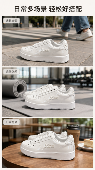 [第2屏] 多场景种草展示，展示X牌白鞋在三个日常场景的使用效果。保持产品的亮面漆皮材质、纯白色鞋身、X品牌logo和版型与原图完全一致。[氛围/风格] 自然生活风，分三格展示不同日常场景，浅米白背景预览效果