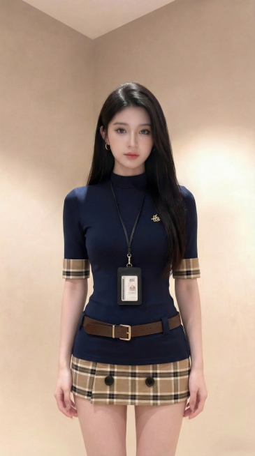 将图一的深蓝色半高领中袖上衣、格纹袖口、格纹短裙、棕色腰带、胸针穿搭换到图二的人物身上，穿搭完全一致，半身画面，人物为模特身材，腰细腰臀比优越，双手自然下垂，发型自然，灯光自然柔和，人物姿态自然预览效果