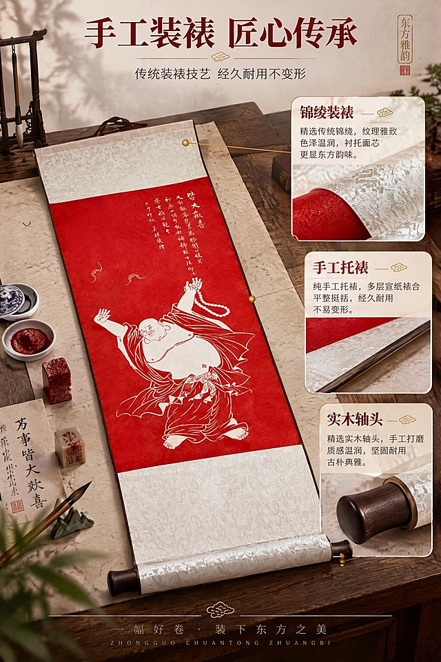 [商品] 使用【图1】弥勒佛皆大欢喜手工装裱卷轴挂画；保留卷轴装裱结构、上下锦绫、深色轴头、整体比例与材质质感；重点展示装裱工艺细节。
[画面] 目标：手工装裱工艺解析。构图：卷轴斜侧45度平放展示，可同时看到正面与侧面厚度，产品占画面约60%，旁边放大展示锦绫纹理、轴头细节、装裱包边工艺。背景：深棕色木质桌面，铺有米色宣纸，散落几枚印章与装裱工具。前中后景三层层次。
[视觉] 套系策略：风格=新中式东方禅意高级商业摄影；标题字=宋体书法衬线粗体；正文字=简洁宋体；主色=朱砂红；背景延展=基于米灰、暖白做深浅层级、同色渐变和宣纸/墙面质感；强调色=烫金浅金色，仅用于小面积图标、引线和装饰线条；标题色=深朱砂红；正文色=深暖灰；组件=细线分隔、圆角浅底信息卡、传统纹样点缀；光影=左前侧暖柔光，突出卷轴立体感。
[文字] 上方主标题"手工装裱 匠心传承"，副标题"传统装裱技艺 经久耐用不变形"，下方3个工艺卖点：锦绫装裱·实木轴头·手工托裱；配引线指向对应部位；文字全部横向排版。
[规格] 图片比例2:3竖版，2K，medium质量。避免变形、错字、文字过小、机器工业感、塑料质感轴头。