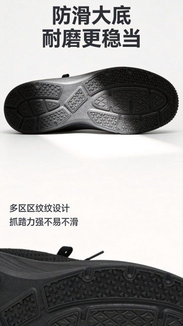 [第5屏] 防滑耐磨鞋底纹理展示。
[氛围/风格] 细节特写展示，简约白底专业摄影，清晰展示鞋底结构。
[元素布局] 使用图9黑色款鞋底图作为主体，占据画面中上部70%区域，完整展示鞋底纹路设计。保持预览效果