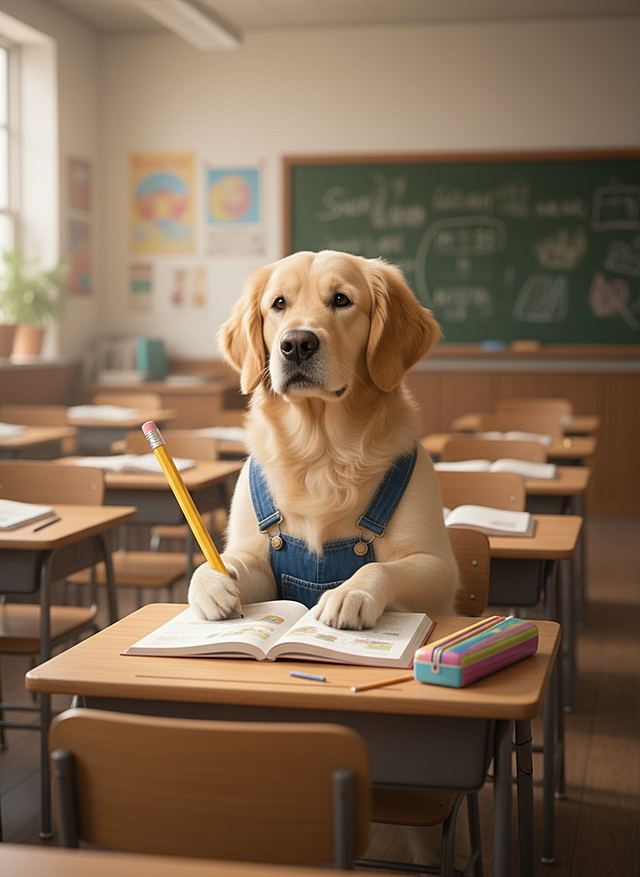 一幅小狗拟人化在教室上课的场景图。画面中的小狗，端正地坐在课桌前，前爪握着一支铅笔，身体微微前倾，似乎在认真听讲。它的眼神专注地望着讲台方向，耳朵微微竖起，透露出对知识的渴求，只是偶尔会不自觉地眨下眼，带着几分孩童般的纯真。课桌上摆放着课本、笔记本和文具盒，显示出浓厚的学习氛围。背景是整齐排列的课桌椅和墙上的黑板报，强调了校园课堂的真实感。