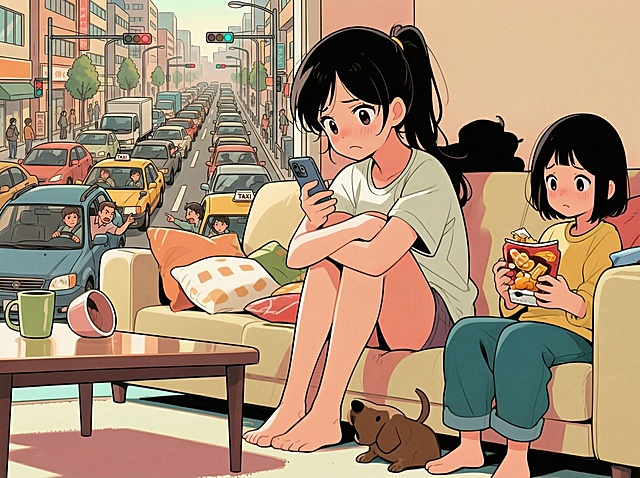 画面再加入车水马龙大排车队堵车的场景