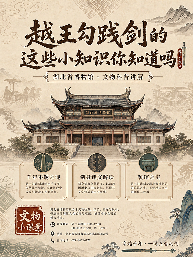将图片右下角的深蓝色二维码占位方块移除，替换为与背景一致的米黄色宣纸纹理和山水云纹装饰，保持整体画面风格统一，其余内容保持不变。