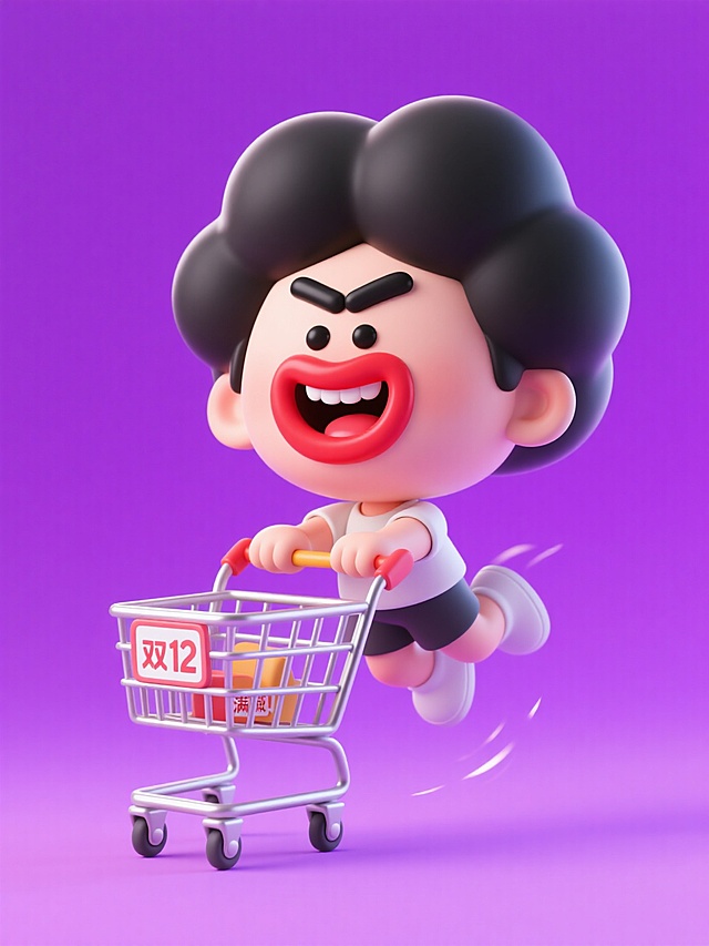 软3D风格卡通人物，拟人化设计，夸张表情与动态姿态传递热血购物感，搭配“双12”购物车，充满趣味与促销氛围。