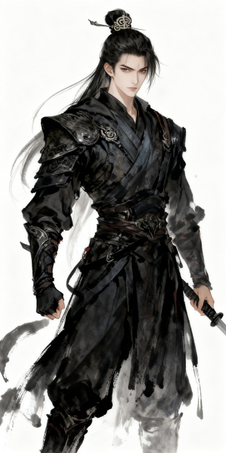 国风二次元立绘，男性刺客角色，暗黑水墨风格，英俊潇洒，身着深色劲装刺客服饰，长发束起，佩戴古风发饰，清冷凌厉，背景纯白，和参考图同风格全身立绘预览效果