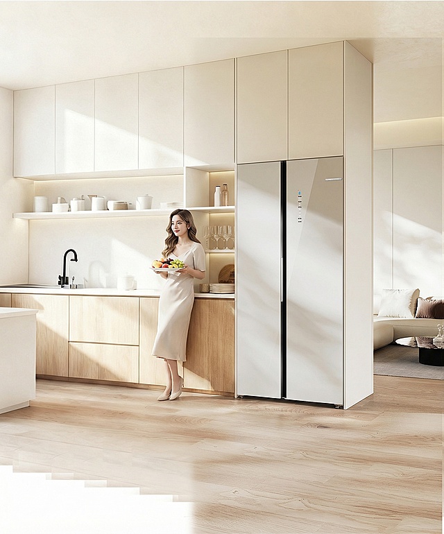 在这张图上冰箱左边增加个子小巧20-30岁的亚洲女性，化精致的淡妆，微卷长发，穿浅色连衣裙，倚靠在冰箱左边的橱柜上，手上端着一盘水果