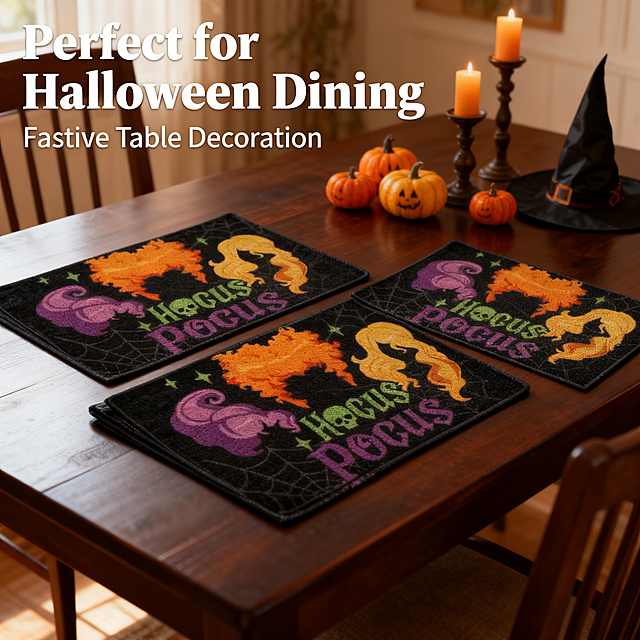 [主图-2] Halloween themed placemat full laid out on dining table. 
[Atmosphere style] Warm home dining scene, festive Halloween party atmosphere, natural life style.
[Quality] Commercial lifestyle photography texture, soft natural light, clear product details, realistic and vivid picture.
[Elements] 4 placemats neatly laid on a dark wooden dining table, each placemat shows complete Hocus Pocus witch pattern, surrounding with Halloween decoration elements like small pumpkins, candlesticks, witch hats in the background, creating a complete festive dining scene. Keep the placemat pattern, color, size consistent with the original image. Product scene accounts for 100% of the picture, full screen no border. 
[Light and shadow] Soft natural light from the side, warm light temperature, soft shadow, presents the fabric texture of the placemat.
[Color matching] Main color dark wood tone, supplemented by black placemat and bright pattern color, warm and festive atmosphere.
[Perspective composition] Slightly elevated 45 degree angle, deep focus, natural layered foreground and background.
[Text layout] Upper left corner negative space, large text "Perfect for Halloween Dining", small subtitle text "Festive Table Decoration", font is simple English sans-serif, white text, clear and readable, do not block the product.
[Proportion resolution] 1:1 ratio, 2048 * 2048 2k resolution, super high definition.
[Negative prompt] Deformation, text confusion, blurry product, cluttered background, watermark, Chinese characters, extra logo, exaggerated propaganda words, product pattern distortion.