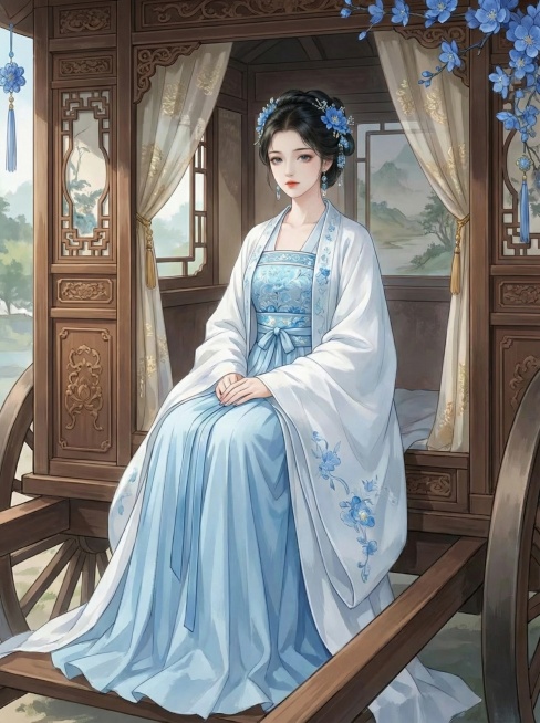 请完全按照参考图的衣着风格，创作一个中式古代的少女角色；要求身穿白色外衣，内里搭配淡蓝色的百褶裙和布兜，神色平静，背景是一辆中式古代马车。人物要占据画面主体。预览效果