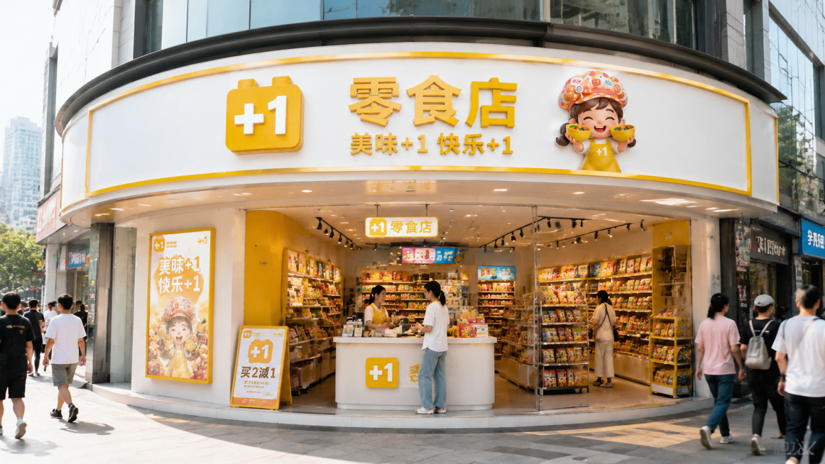 「图片1」以此门头为标准，生成多张不同形状门面门头照片，如：长方形，扇形，L型等，我说的是门面形状，而不是门头造型。要求图片像真实照片，还需要有收银员收银，顾客挑零食的场景预览效果