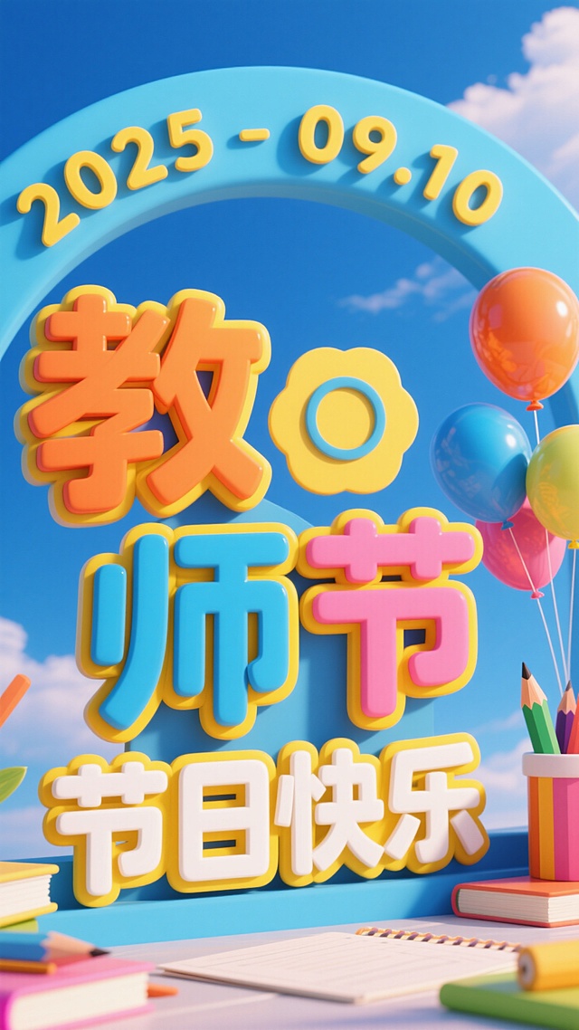 蓝色拱门上 “2025 - 09.10” 闪耀，立体字 “教师节” 色彩明快，气球、铅笔、书本点缀，活力满满，致敬师者