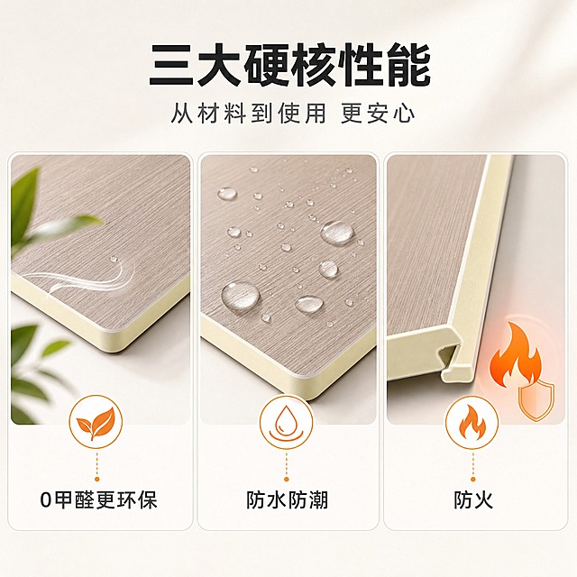 [主图-3-改] 8mm快装集成护墙板——材质与性能证明拼图，唯一任务：在保持原版式与另外两格不变的前提上，将第三格卖点由“超高韧性”改为“防火”，其余不做改动。
[统一基调] 现代家装建材商业摄影；主色=暖白至浅暖灰渐变；标题=深炭黑现代无衬线粗体；正文=中暖灰；强调色=暖橙，仅用于小面积图标、引线、标签；组件=圆角浅色信息卡与细线引线；光影=明亮自然光。
[画面] 使用【图84】的板材纹理与米白边口，不得改色、不得换款；三段式圆角卡片横向并列，卡片尺寸一致、间距均匀：左卡为板材板面局部（灰褐木纹）旁配嫩绿叶片与清新气流小图标，结论“0甲醛更环保”；中卡为同款板面上一颗颗水珠滚落、不渗透不留痕的小图标，结论“防水防潮”；右卡改为防火主题：企口侧视的板材局部实拍旁配暖橙火焰小图标与防护盾图标，示意火焰靠近板面而不被引燃扩散，结论“防火”；画面不得出现检测报告、阻燃等级、认证标志与任何数值。
[光影质感] 明亮柔光，板材哑光木纹清晰，水珠有真实高光与接触阴影，第三格的火焰图标仅作为图形符号、不出现大面积明火与浓烟，整体干净不惊悚。
[配色] 暖白卡片底与板身本色为主，标题深炭黑，图标与卡片描边用暖橙，整体克制干净。
[文字版式] 上方主标题“三大硬核性能”，副标题“从材料到使用 更安心”；三张卡片结论依次为“0甲醛更环保”“防水防潮”“防火”；全部横排，文字不遮挡板面纹理与图标。
[硬性排除] 不得出现“超高韧性”字样；不得出现阻燃等级（如 B1）、防火时长与检测数值。
[输出要求] 1:1 方形，2048×2048，文案清晰无错字；负向：虚构认证与数值、变形、乱码、竖排文字、水印、平台 Logo、绝对化用语（第一/最/100%）。
