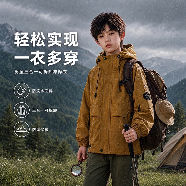 基于这张图片，仅修改文字内容，其他所有元素保持完全不变：
1. 主标题「雨天也能放肆玩」改为「轻松实现一衣多穿」，字体、字号、颜色、位置、排版完全不变
2. 第三个卖点图标旁的文字「户外徒步露营」改为「防风保暖」，字体、字号、颜色、位置完全不变，山脉图标保持不变
3. 副文案「男童三合一可拆卸冲锋衣」保持不变
4. 第一个卖点「防泼水面料」和雨滴图标保持不变
5. 第二个卖点「三合一可拆卸」和衣服图标保持不变
6. 人物、冲锋衣、背包、登山杖、放大镜、雨天山野背景、雨丝效果、帐篷、草地等所有画面元素完全保持原样，不做任何修改
7. 不添加任何滤镜，不改变整体色调和光影质感
8. 文字清晰锐利，与原图文字风格完全一致