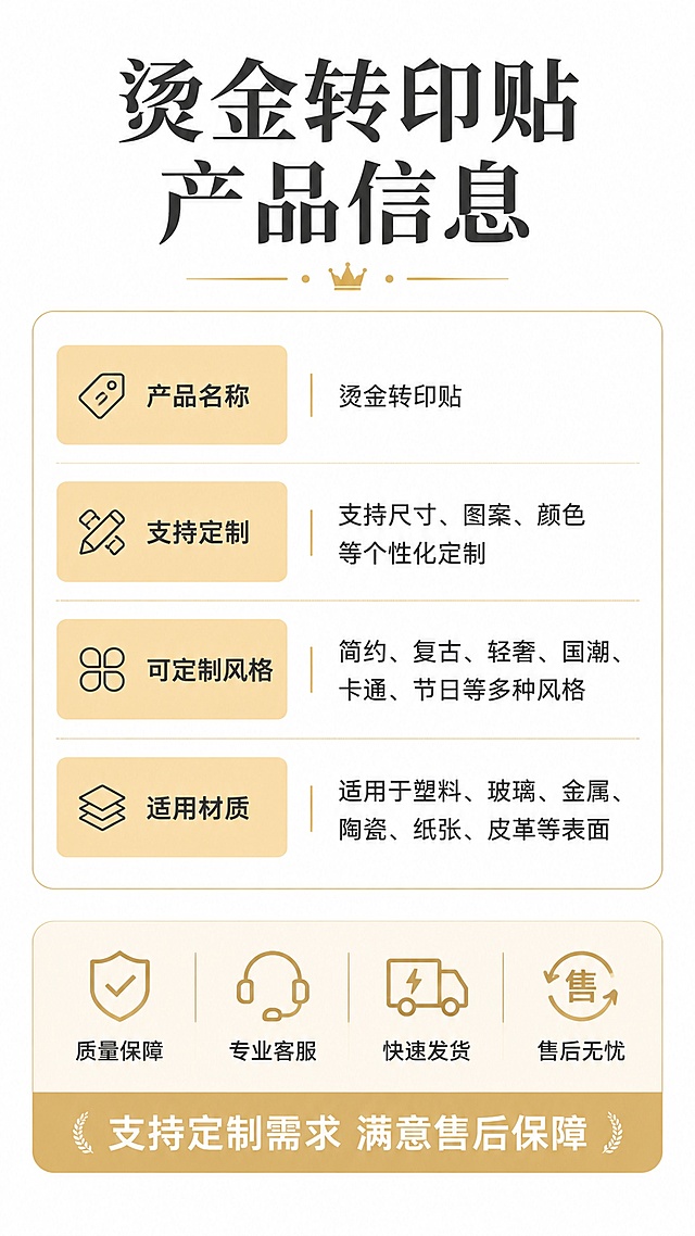 「图片1」，「图片1」「图片1」烫金转印贴，支持各种风格可定制，支持定制，生成详情页，商品名称为烫金转印贴，适配淘宝/天猫平台，单图比例为9:16，需求屏数为6张。