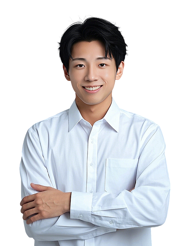 一个男生，理科职业形象照，白色商务衬衫，亲和力，双手交叉