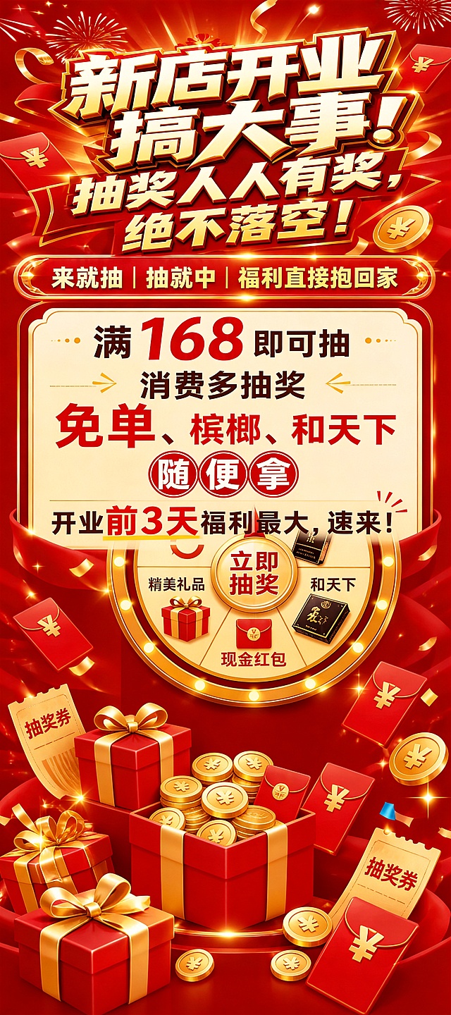 修改这张新店开业海报，删除下方的抽奖转盘，保持原有文案、红色金色喜庆风格不变，填充和整体一致的喜庆背景元素