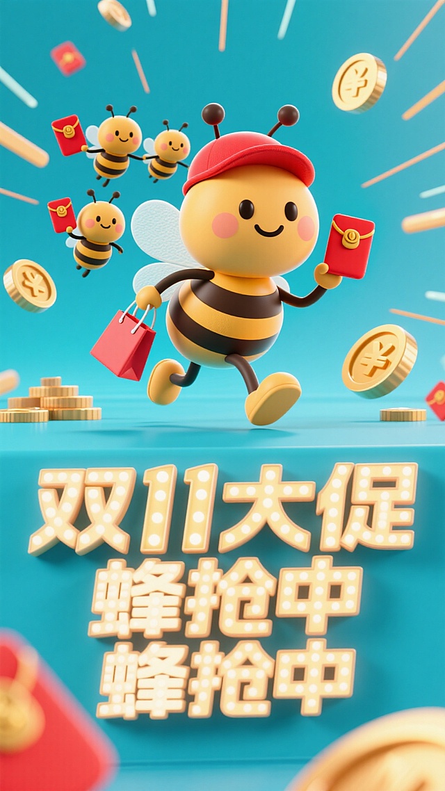 主视觉为带着红帽子的蜜蜂提着购物袋冲出画面，背后跟着3只拿着红包袋的小蜜蜂，正面视角，背景金币、红包、放射线点缀，画面下方为3D文字灯牌“双11大促 蜂抢中”