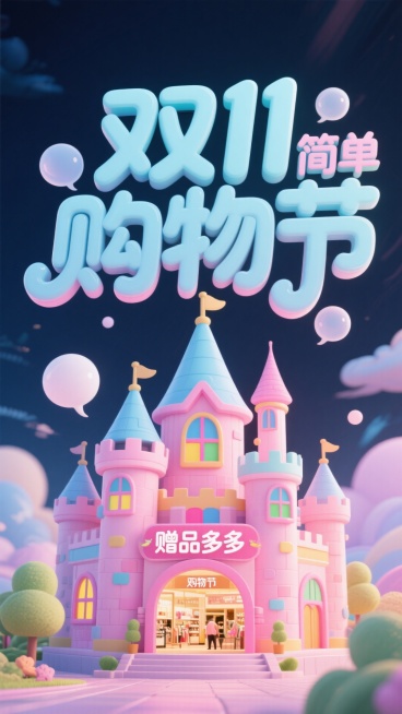 采用清新明快的马卡龙色系，呈现出童话风的双 11 主题视觉画面，画面里有可爱的卡通城堡造型的购物商城，粉色的 “双 11 简单购物节” 艺术字体在城堡上方，周围环绕着浅蓝色的 “赠品多多” 文字气泡。预览效果