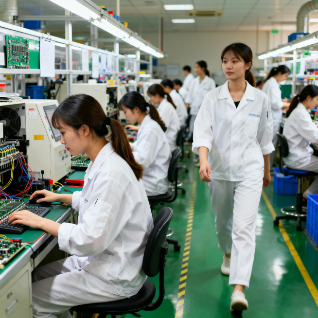 电子厂生产车间内，一群美女工人，一部分坐着工作，一部分走动巡查，所有人都穿着全套白色工衣工作服，符合真实工厂上班场景，写实摄影风格，贴近实际生活，光线自然，画面真实预览效果