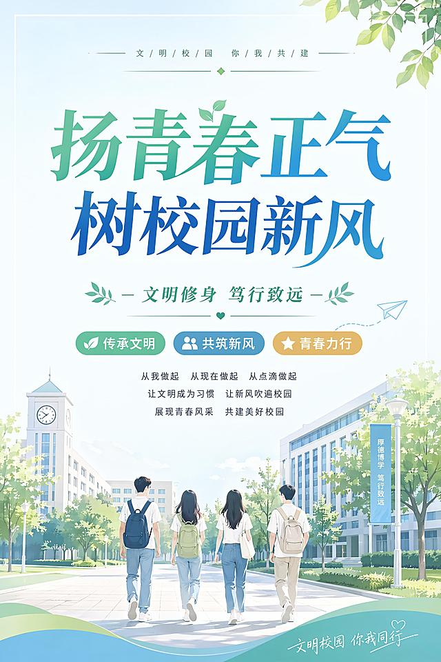 帮我生一个大学用的文明标语的80*120cm竖版的海报   主题是扬青春正气，树校园新风