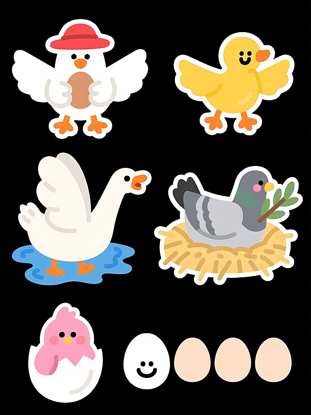 一套6个同风格、同类目的农场家禽与蛋类元素系列卡通插画，保持简约扁平的儿童插画风格，纯白色背景，黑色描边线条清晰圆润，色彩明快鲜艳，每个元素都具有夸张可爱的表情和动态。包含：1. 戴着红色小帽子、翅膀抱着一颗棕色鸡蛋的白色母鸡；2. 黄色小鸭子张开翅膀在水面欢快游弋，水波用蓝色曲线表示；3. 橙色嘴巴的白色鹅伸长脖子，翅膀微微张开，脚蹼呈橙色；4. 卧在稻草堆里的灰色鸽子，嘴里衔着一根橄榄枝；5. 粉色的小鸡破壳而出，半个蛋壳还在身上，眼睛圆溜溜；6. 白色圆形鸡蛋上画着笑脸，旁边有三个小鸡蛋排成一排。所有元素规整排布，大小均匀，保持一致的视觉风格和设计语言。