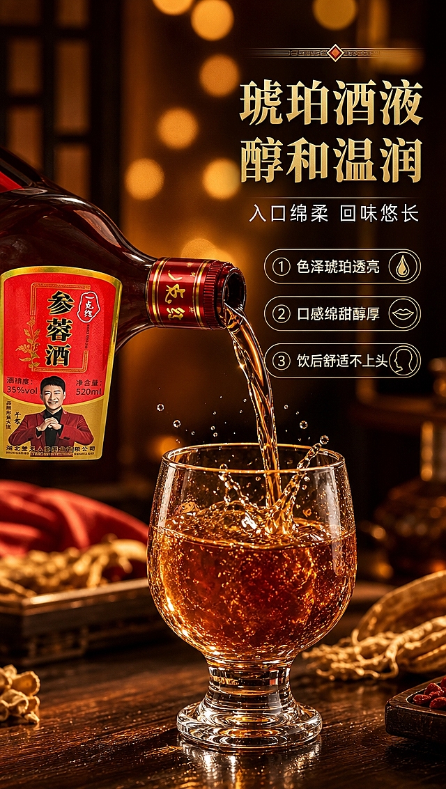[商品] 使用【图1】一点红参蓉酒正面瓶身图；保留瓶型、红金标签与全部包装文字；本页做倾倒酒液与杯中酒展示，瓶身呈45度倾斜倒酒姿态，标签仍清晰可见。
[画面] 目标：口感质地特写，展现酒液琥珀色泽与醇和质感。构图：动作瞬间型，画面中心偏上为倒酒动态，下方为盛酒玻璃杯。产品瓶身从左上向右下倾斜，琥珀色酒液呈优美弧线注入下方玻璃酒杯中，酒液飞溅起细微酒花。杯中酒液约7分满，酒液通透有光泽，杯壁挂杯效果。背景为深木色桌面+虚化暖光，3层景深：前景酒杯底座、中景倒酒动作与酒杯、后景暖光斑虚化。
[视觉] 套系策略：风格=中式高端滋补酒水商业摄影；标题字=宋体粗体（厚重典雅）；正文字=现代无衬线体；主色=中国红+深酒红；背景延展=基于红金做深浅层级、同色渐变与木质/丝绸质感；强调色=烫金，仅用于小面积图标、引线、标签和装饰线条；标题色=烫金+深红；正文色=米白+暖棕；组件=圆角金边框信息卡、细线引线、中式回纹装饰；光影=侧逆光勾勒酒液通透感，正面暖柔光补亮标签。
[文字] 右上区域主标题「琥珀酒液 醇和温润」（8字），副标题「入口绵柔 回味悠长」（8字）；下方3个短句口感标签：①色泽琥珀透亮 ②口感绵甜醇厚 ③饮后舒适不上头；文字区不遮挡倒酒动态与酒杯主体；所有文字横排。
[规格] 图片比例9:16竖版，4K分辨率，负向提示：避免酒液颜色失真、瓶身变形、错字、文字过小、冷蓝背景、医疗功效、绝对化用语。