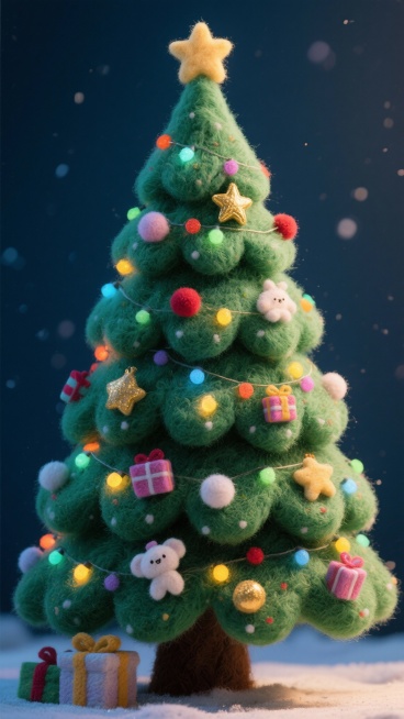 毛毡风圣诞树：一棵高大的圆锥形状圣诞树，枝叶为柔软的绿色毛绒，树上挂满彩灯、小巧礼物盒和金色星星饰品，Jellycat 风格，呈现出蓬松可爱的质感。预览效果