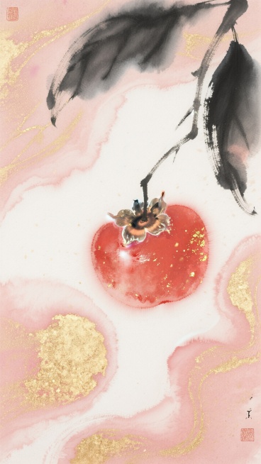 金箔岩彩，手绘风插画，浪漫古风，印象派，意识流，梦幻色，水墨画，水墨淡彩，湿墨晕染，水墨丹青，大面积晕染，大写意，柿子，朱砂红+柿子红+金粉，极具观赏性，半透明层，颗粒感，层次感，艺术插画，明显的磨砂预览效果