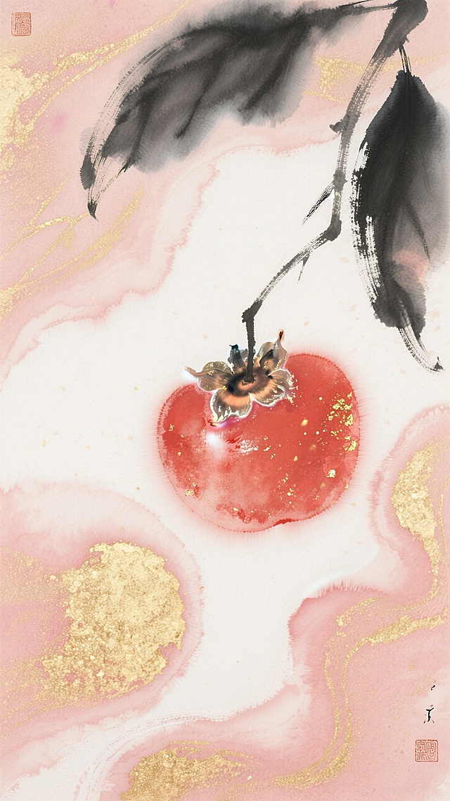 水墨风中式感，唯美感红果点缀，金箔添彩，意境深远。