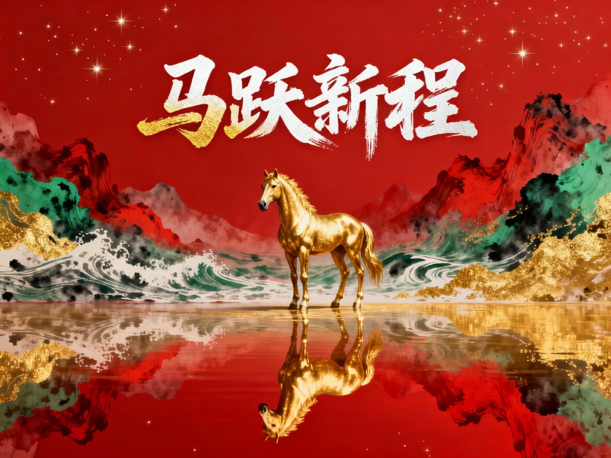 这是一幅 2026 马年主题的国风新中式海报，以高饱和度的正红为底色，点缀细碎星光。画面上方居中是大气磅礴的 “马跃新程” 白色鎏金书法字体，下方是一匹鎏金骏马立于镜面般的红金渐变水面，水面映出清晰倒预览效果