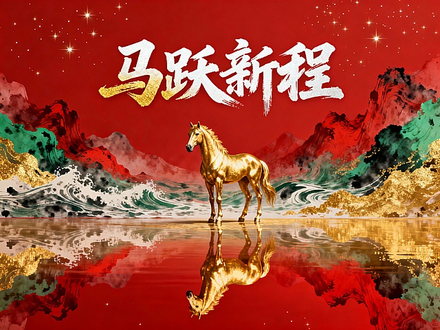 鎏金骏马立于水墨山水间，倒影如梦，红底金纹尽显国潮风华，融合3D质感与传统笔意，传递喜庆典雅的新程祝福。