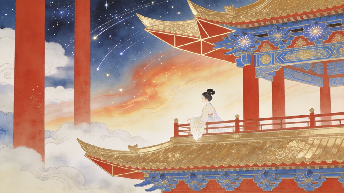 朱红立柱刺破云幔，金漆飞檐将流霞切成几何诗行，斗拱便成了星轨运行的轴承。凭栏仕女的衣袂是未完成的工笔画，丈量着天工与人工的微妙间距——那些蓝金纹饰在梁枋绽放的瞬间，凝固了文明向九霄攀援的千年执念。预览效果