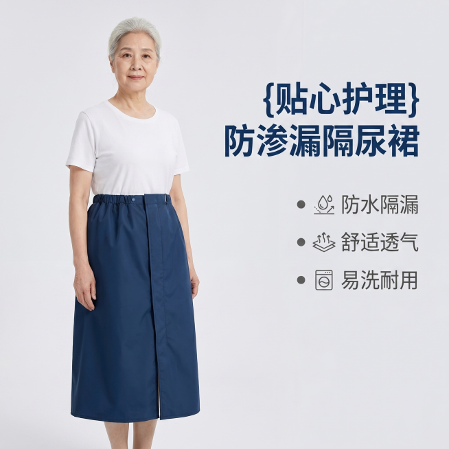 [主图 1] 老年人隔漏护理裙核心功能首图
[氛围风格] 简约实用的电商风格，干净专业
[画质] 商业摄影质感、光线柔和通透、产品清晰真实、画面干净高级
[元素] 中老年亚洲女模特穿着深蓝色隔漏护理裙预览效果