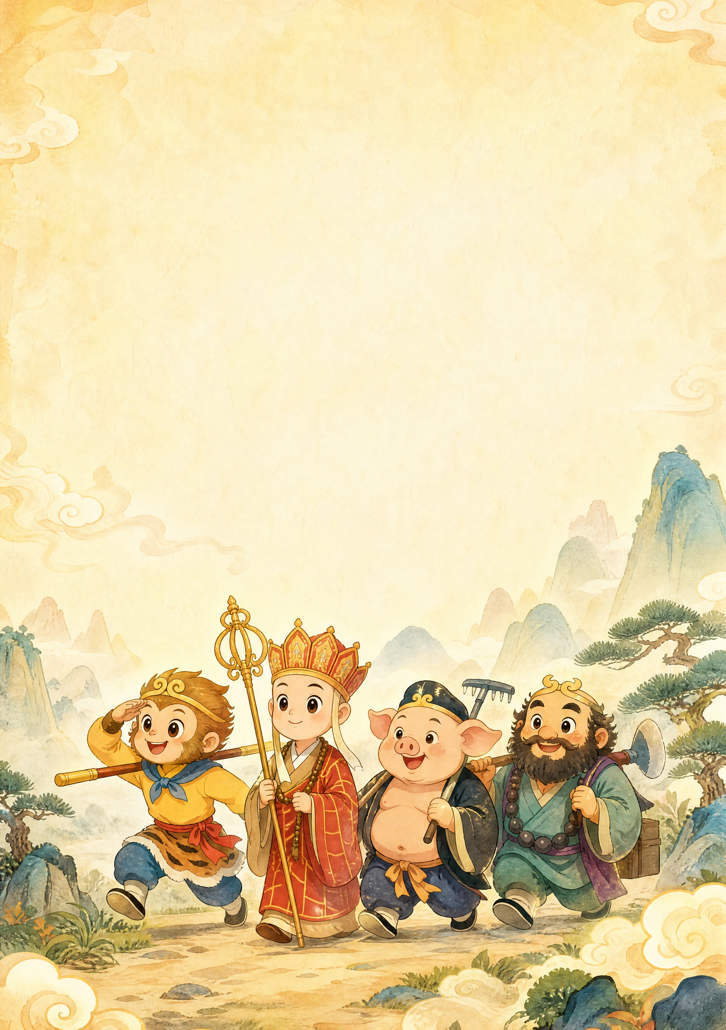 儿童作文集背景插画，西游记主题，师徒四人西天取经的卡通Q版形象… - 图片创意预览