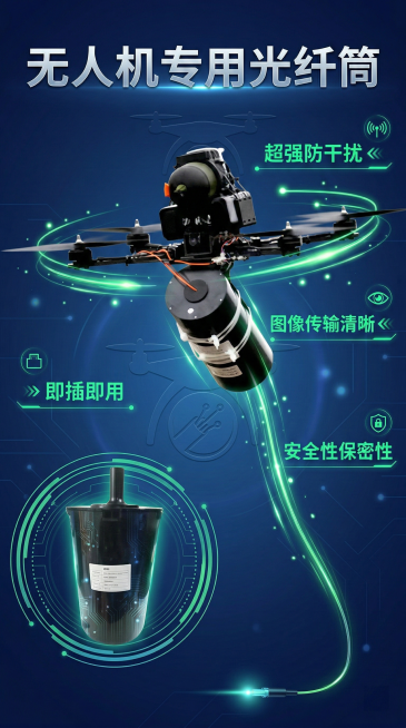 以图1为基础，重新制作主视觉卖点展示图，采用科技感深蓝色渐变背景，突出“无人机专用光纤筒”大标题，用荧光绿字体标注“超强防干扰/图像传输清晰/安全性保密性”核心卖点，添加动态无人机飞行光效，增强视觉冲预览效果