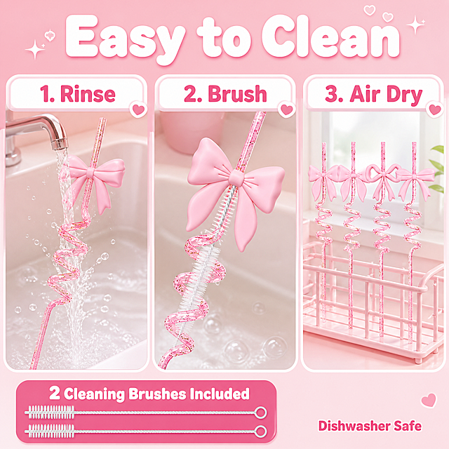 [主图-9] Pink Bow Glitter Curly Straws Set - Easy Cleaning
[统一基调] 甜美少女风 粉色系主视觉 浅粉渐变背景 白色主标题字 深粉辅助字色 圆润无衬线粗体字 卡片圆角柔边 整体明亮通透 跨境电商信息图风格
[画面] 清洁说明图 浅粉色水槽场景 水流下用附赠的清洁刷清洗粉色蝴蝶结闪粉螺旋吸管 展示三步清洁流程 左侧：清水冲洗 中间：刷子伸入吸管内部刷洗 右侧：晾干架上晾干 产品和清洁刷清晰可见 产品外观颜色结构与输入图完全一致 整体干净清爽 体现易清洁的卖点
[光影质感] 明亮卫生间柔光 水流透明有光泽 泡沫细腻 产品通透干净 整体清洁感强
[配色] 背景浅粉色+白色水槽 产品粉色+金色闪粉 清洁刷白色 标题白色粗体 辅助文字深粉色
[文字版式] 顶部大标题 "Easy to Clean" 白色粗体大字 三步分别标注编号和动作词 "1. Rinse" "2. Brush" "3. Air Dry" 深粉色字 底部标签 "2 Cleaning Brushes Included" 白色字配深粉圆角底 右下角小字 "Dishwasher Safe" 深粉色 文字清晰
[输出要求] 1:1比例 2048x2048 产品清晰 清洁动作自然 文字清晰可读 无变形 无错字 无水印 无平台Logo 禁止手部畸形