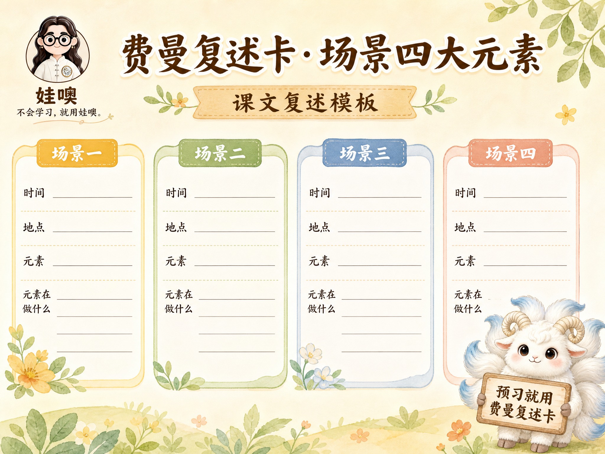 A4横版费曼复述卡课文复述模板，米黄色暖色调手绘水彩风格，温馨… - 图片创意预览