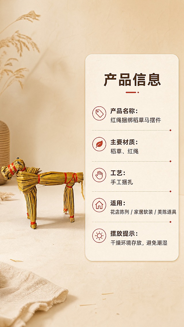 [商品] 使用【图1】红绳捆绑稻草马摆件；保留稻草材质、红绳捆扎结构、马的造型比例、黄棕色调；不改变商品结构和颜色。
[画面] 页面目标：规格信息，产品参数与选购指引。构图：左图右文信息卡片式，左侧产品标准照，右侧圆角信息卡列参数。景别：中景，产品占左侧50%。前中后景：前景产品，中景信息卡片，后景暖米色浅底。阅读动线：从左到右，先看产品再看参数。
[视觉] 套系策略：风格=暖调文艺自然商业摄影；标题字=阿里巴巴普惠体粗体；正文字=阿里巴巴普惠体常规体；主色=稻草黄棕；背景延展=基于暖米黄做深浅层级、同色渐变和细腻纸张/麻布质感；强调色=朱砂红，仅用于小面积图标、引线和标签；标题色=深棕褐；正文色=中暖棕；组件=圆角浅底信息卡、细线引线、圆点装饰；光影=左前侧暖柔光，柔和自然阴影。
[文字] 右侧信息卡标题「产品信息」，下方参数项：「产品名称：红绳捆绑稻草马摆件」「主要材质：稻草、红绳」「工艺：手工捆扎」「适用：花店陈列 / 家居软装 / 美陈道具」「摆放提示：干燥环境存放，避免潮湿」；全部文字横排，字号保证手机端清晰可读。
[规格] 图片比例9:16竖版，4K分辨率，负向提示：避免变形、错字、文字过小、冷蓝背景、极限词、违禁词、平台Logo、二维码、天然/环保/原生态等违规词。