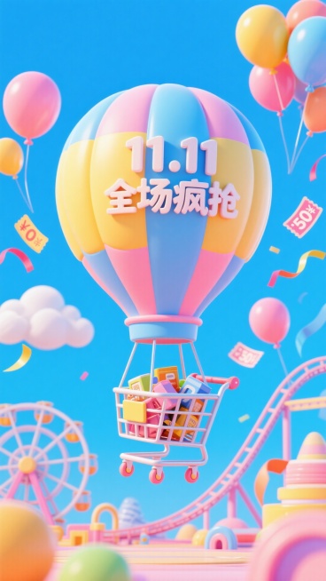 一个带有主体配色的大型热气球，吊篮为购物车样式，购物车放着很多物品，气球上绣着“11.11 全场疯抢”，背景展示高饱和蓝天、摩天轮、过山车，气球，云朵、优惠券，彩带等元素，配色比较梦幻，以蓝色，粉色，预览效果