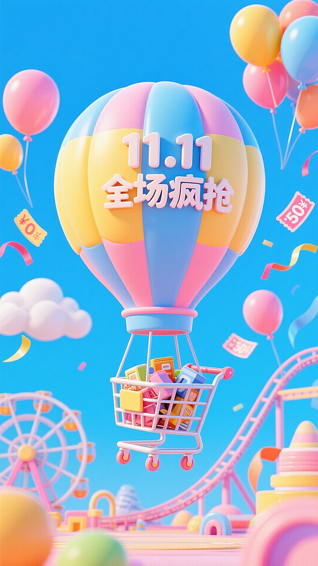整体色调比较梦幻活泼，营造节日欢乐的·气氛，以气球作为画面主体，展示双十一购物的活力，同时以过山车，气球，云朵，优惠券等作为装饰性背景元素，更能彰显节日的有趣和刺激。