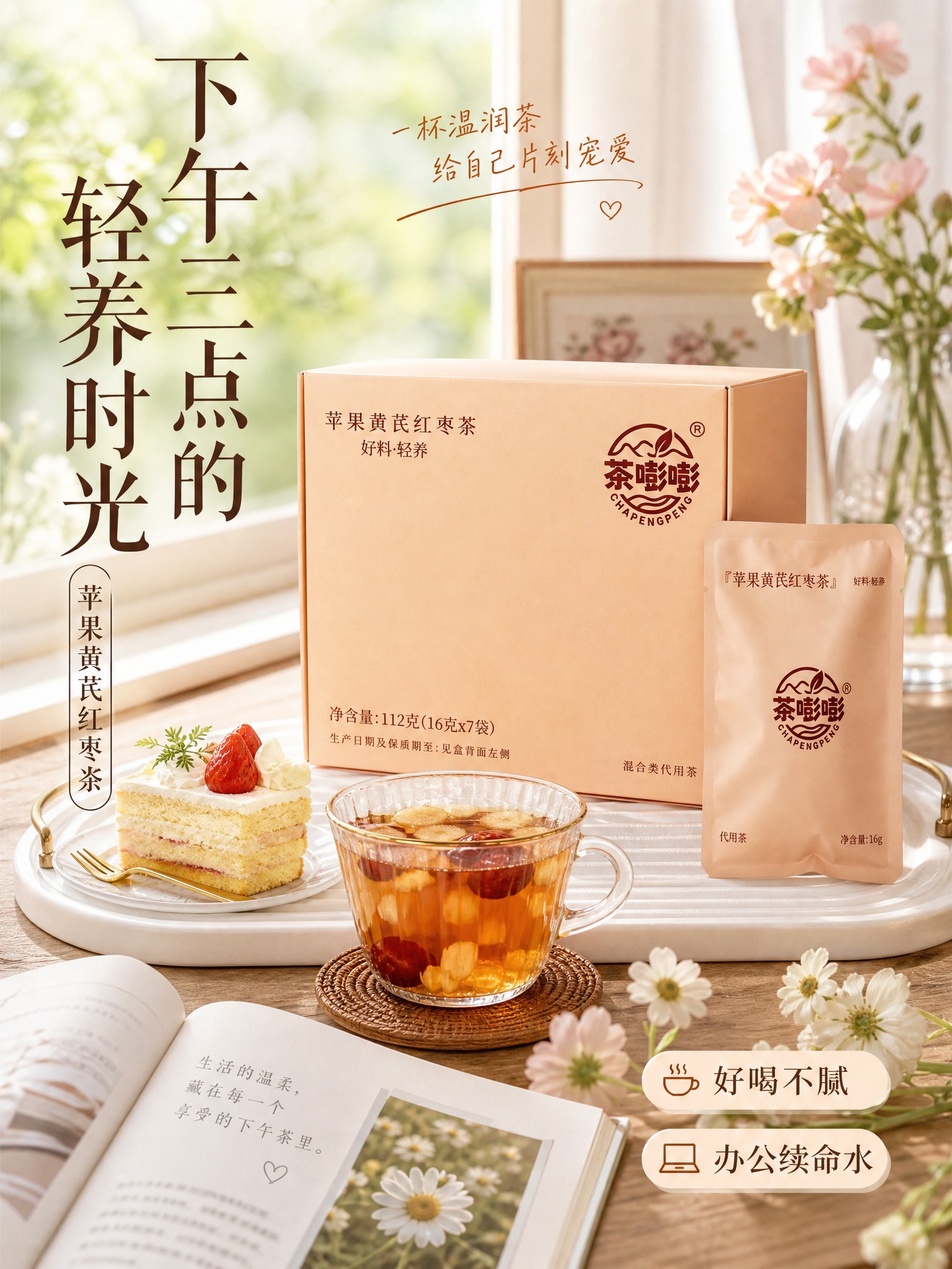 小红书风格下午茶场景型养生茶海报，3:4竖版。画面主体为茶嘭嘭… - 图片创意预览