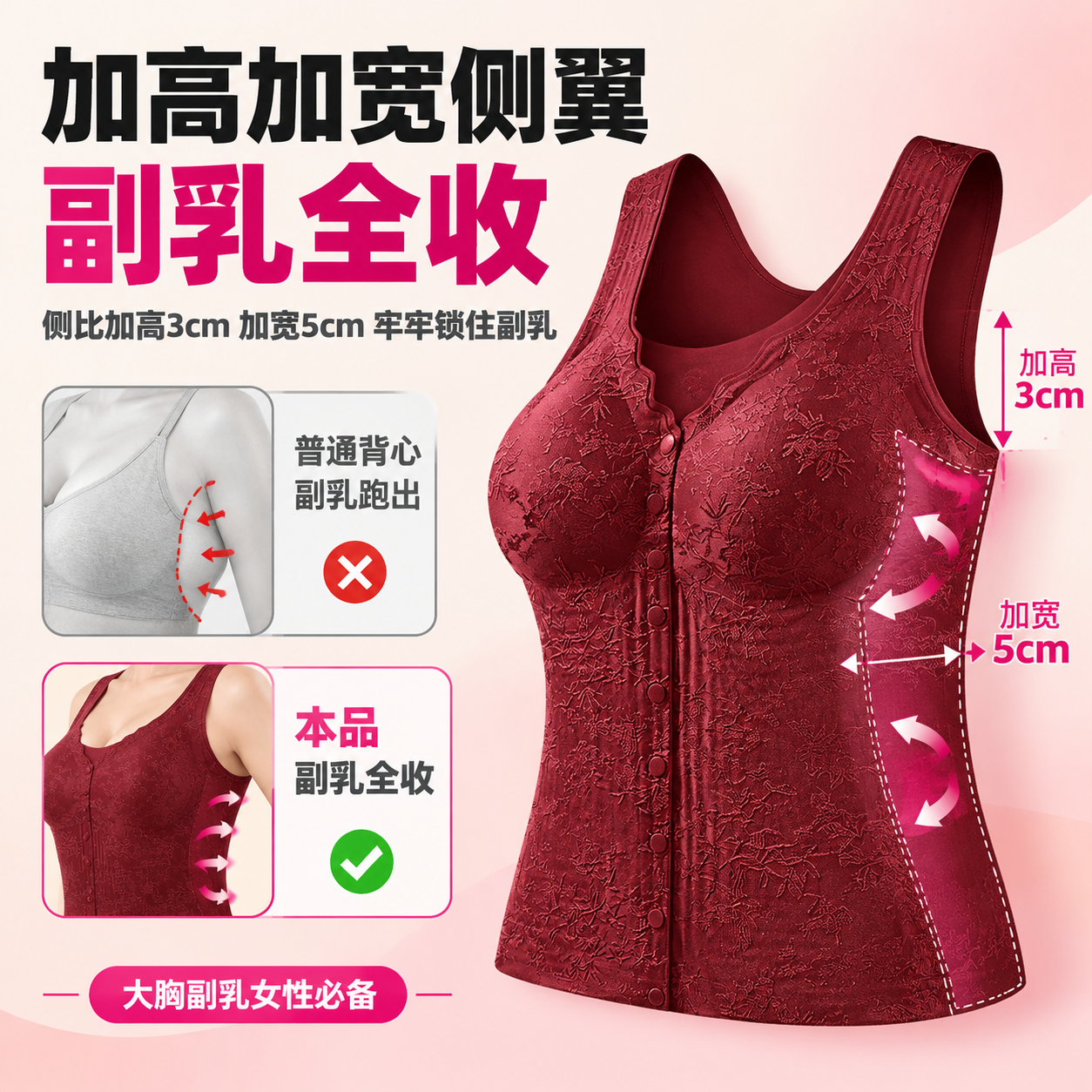 [主图-4] 加高加宽侧翼收副乳卖点图，主题为加高加宽侧翼 副… - 图片创意预览