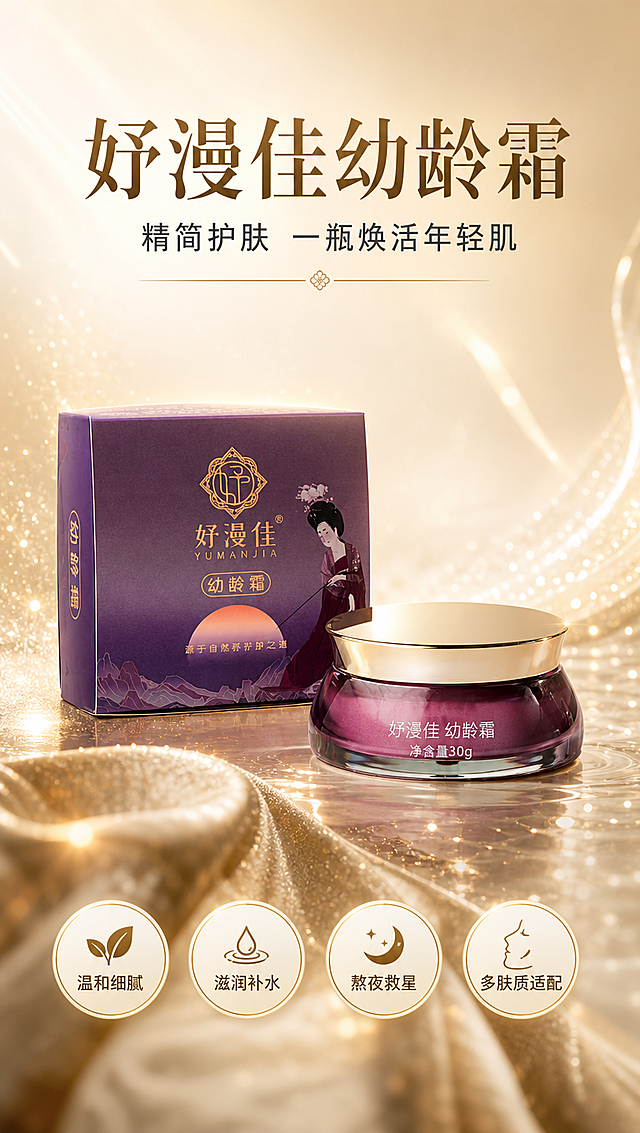 [商品] 使用【图1】妤漫佳幼龄霜，紫色渐变玻璃罐+金色瓶盖，配紫色古风外盒；保留瓶身"妤漫佳 幼龄霜 净含量30g"文字、外盒Logo与古风人物图案，不改变产品结构、颜色和材质；产品真实立放，角度微侧45度，光影自然。
[画面] 第1张·美感头图利益icon型，目标建立高端典雅第一印象。竖版9:16，产品居中偏上，占画面约55%，产品周围环绕柔金光泽与细腻水光粒子；前景金色丝绒织物一角，中景产品主体，后景浅金到米白渐变柔雾背景，顶部留白放标题，底部4个圆形利益icon；阅读动线从上到下。
[视觉] 套系策略：风格=金白色高端典雅轻奢商业摄影；标题字=优雅衬线粗体（宋体风格）；正文字=简洁无衬线体；主色=香槟金+米白；背景延展=基于米白-浅金-香槟金做渐变层级、柔雾质感和细腻珠光；强调色=深金，仅用于小面积图标、引线和标签；标题色=深香槟金；正文色=暖炭灰；组件=圆角浅金信息卡、细金线引线、圆形金边icon；光影=左前侧暖柔光+顶部轮廓金边光。
[文字] 顶部主标题"妤漫佳幼龄霜"，副标题"精简护肤 一瓶焕活年轻肌"；底部4个圆形金边icon分别写：温和细腻、滋润补水、熬夜救星、多肤质适配。文字不遮挡产品主体，全部横排。
[规格] 图片比例9:16竖版，4K分辨率，负向提示：避免变形、错字、文字过小、冷蓝背景、产品颜色改变、瓶身文字错乱、白底极简。