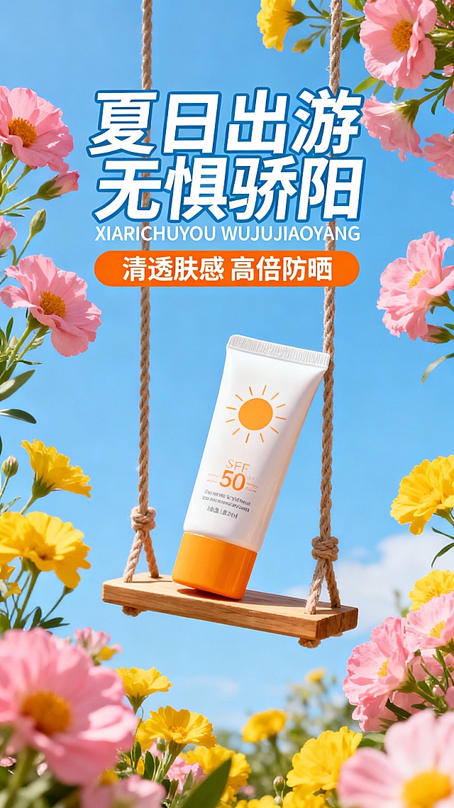 一场景，蓝天为底色，粉黄花朵簇拥四周，一支防晒霜悬于木质秋千之上;上方以活泼字体呈现“夏日出游 无惧骄阳”及拼音“XIARICHUYOU WUJUJIAOYANG”，下方橙色条带凸显“清透肤感 高倍防晒”，整体构建出清新活力的夏日防晒产品宣传场景。比例 9:16